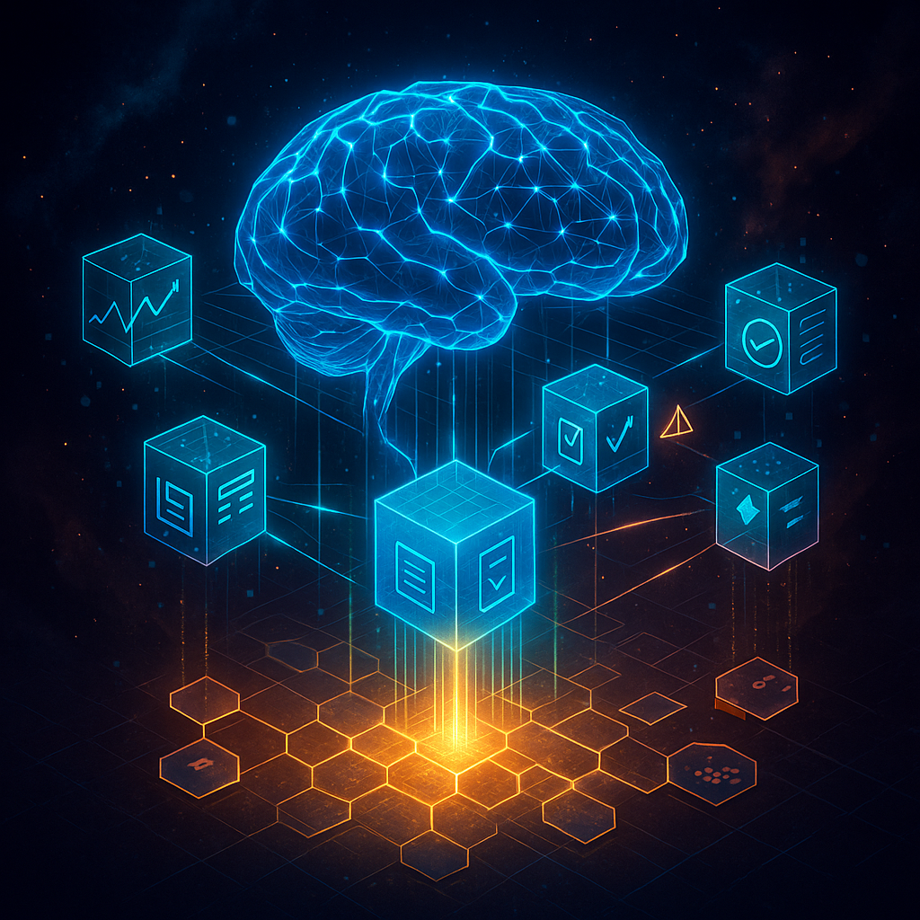 On-chain AI agents on blockchain showing autonomous smart contracts visualization
