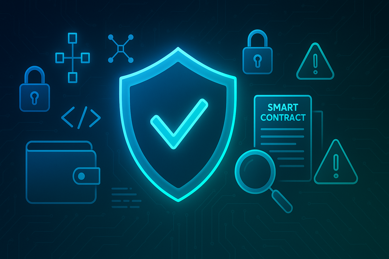Smart contract security checklist guide showing shield with checkmark surrounded by security elements